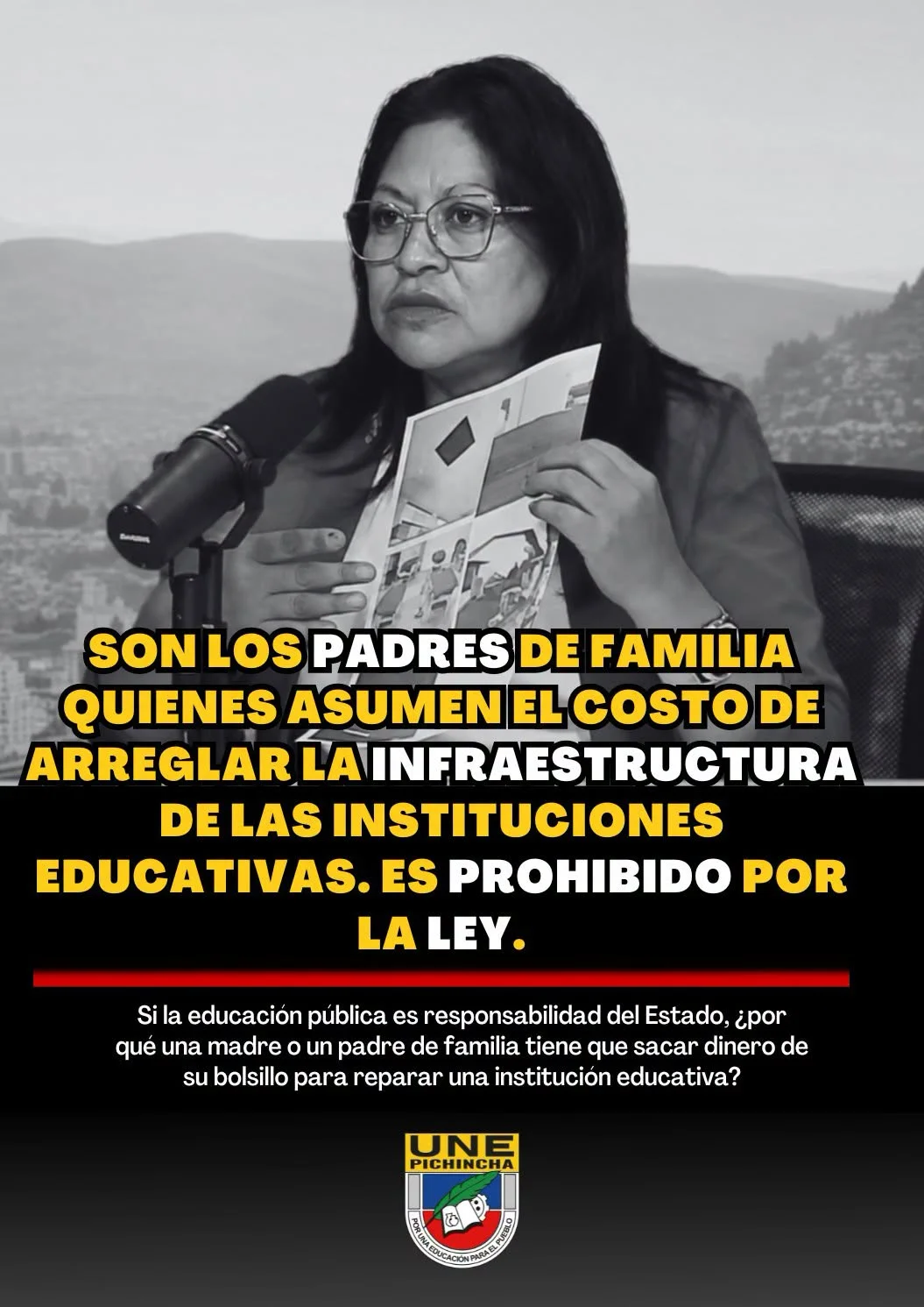 La presidenta de la UNE Pichincha denuncia que los padres de familia asumen el costo de reparar la infraestructura educativa
